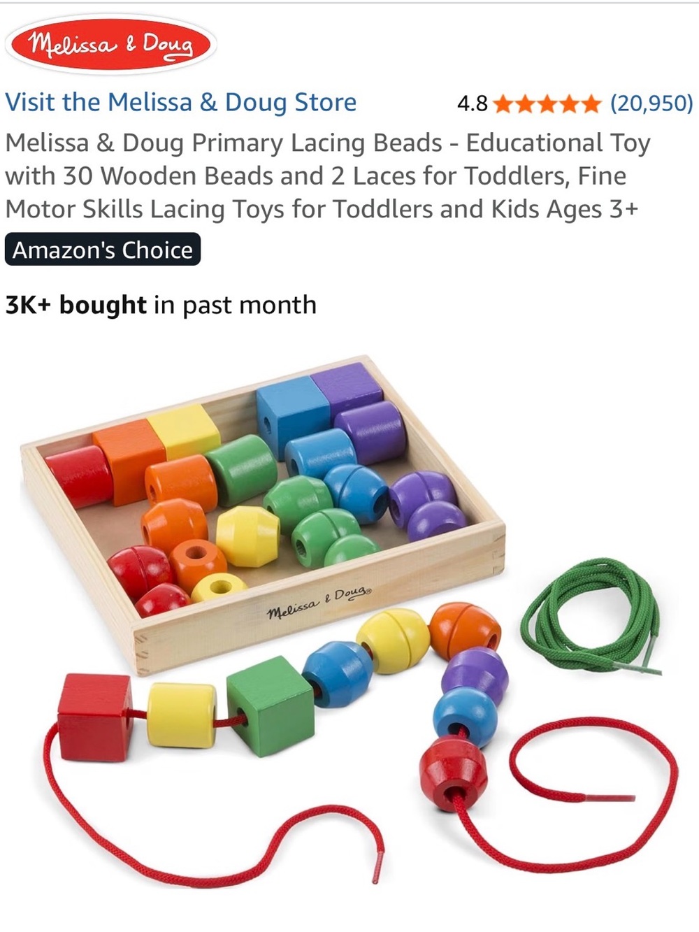Melissa & Doug Rainbow Wooden Lacing Beads - Red Orange Yellow Green Blue Purple
